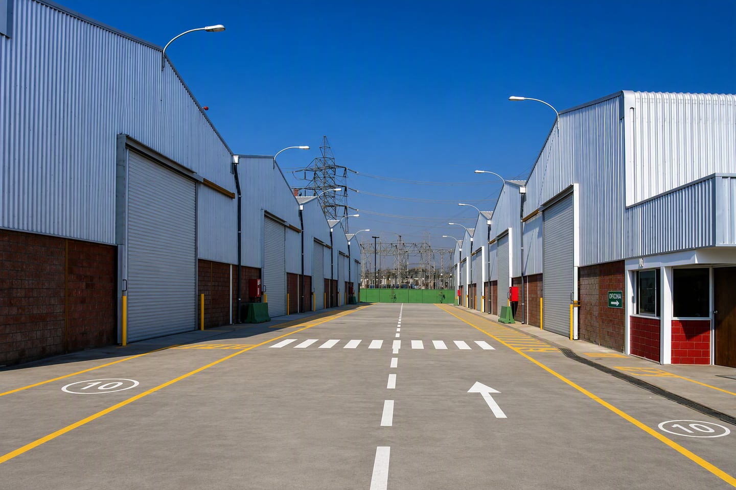 Vista exterior de la fachada y el corredor de acceso del proyecto industrial Atenea I.