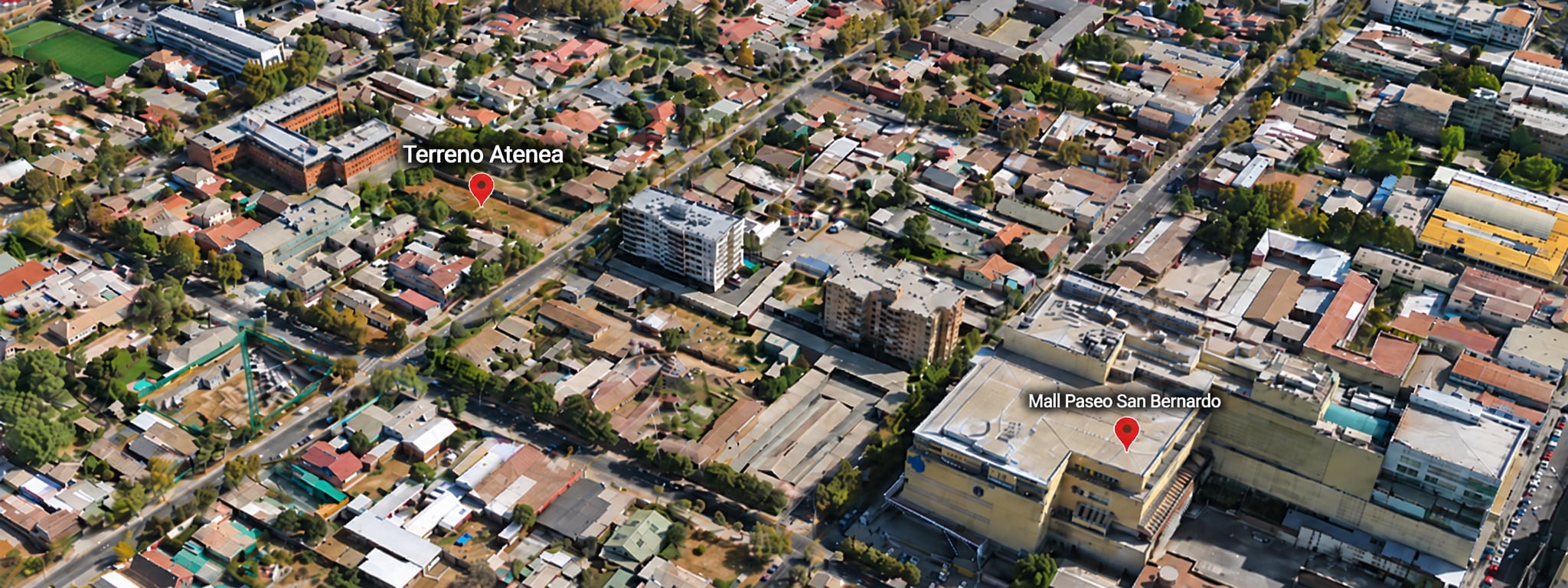 Vista aérea señalizada con el terreno de Atenea y el Mall Paseo San Bernardo.