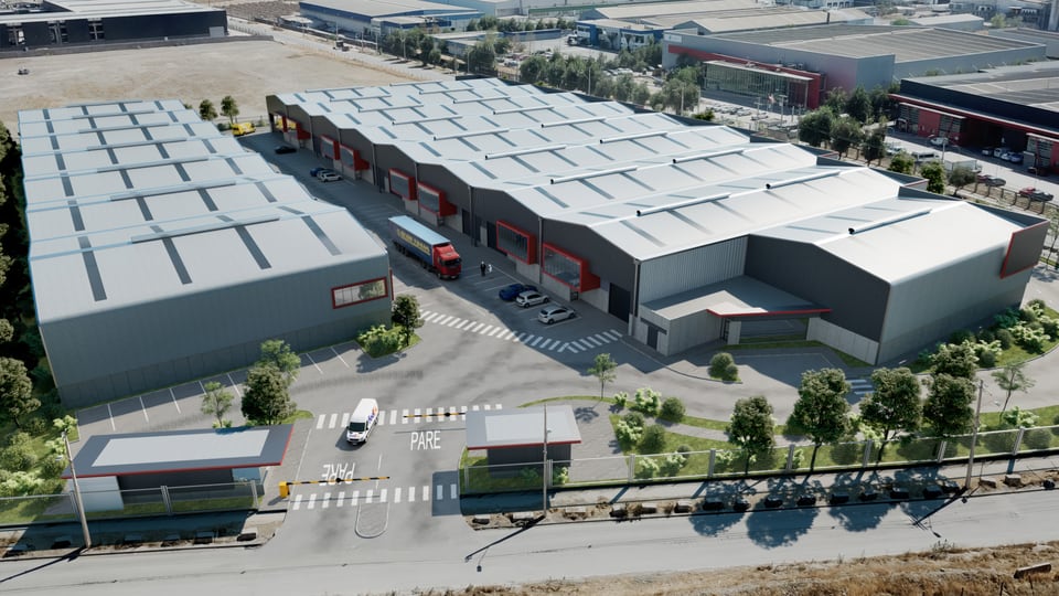 Render aéreo de las bodegas Atenea III en Quilicura.